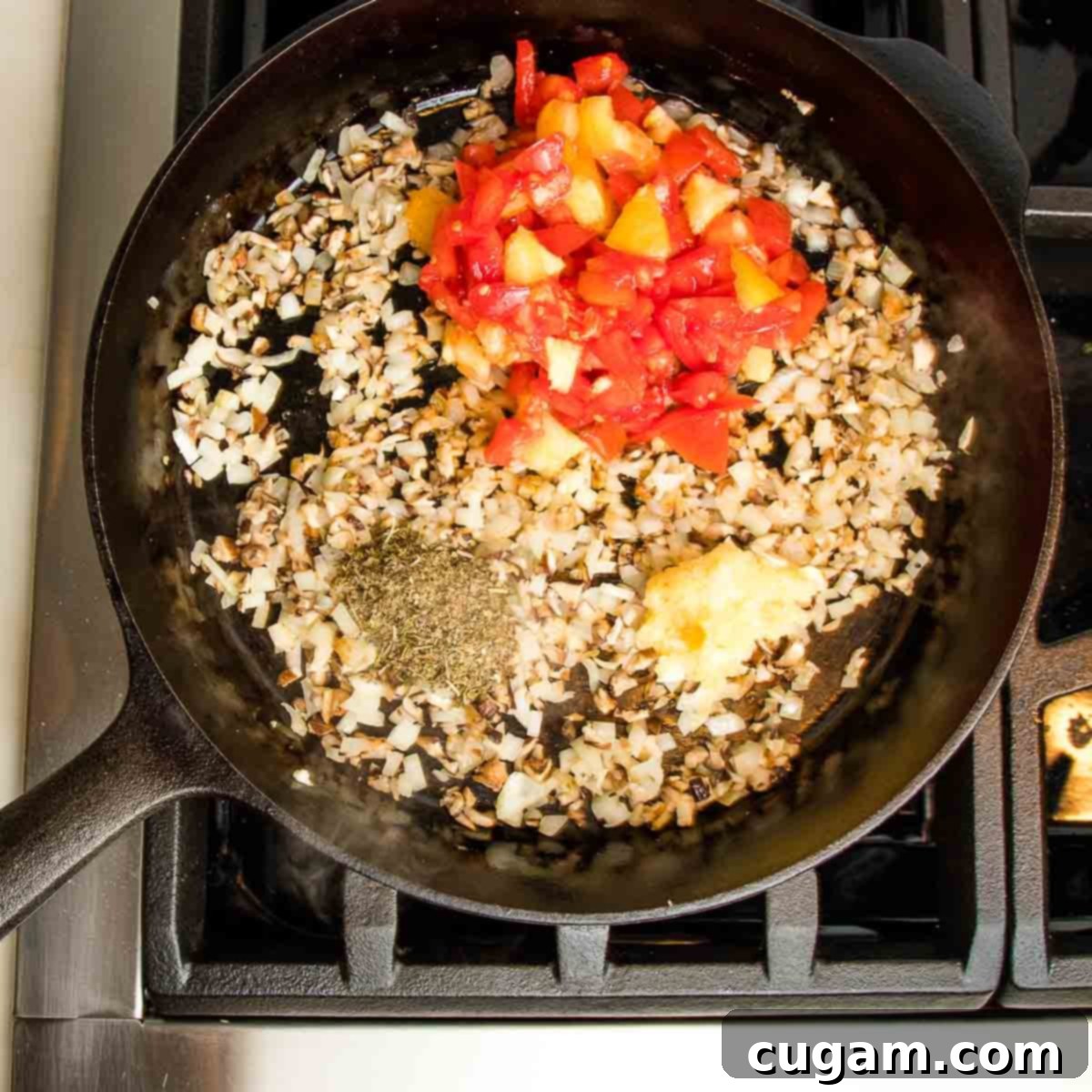Sauteed onions and mushroom with chopped tomatoes, minced garlic and chopped tomatoes on top.
