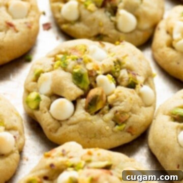 Baked pistachio pudding cookies on metal baking sheet.