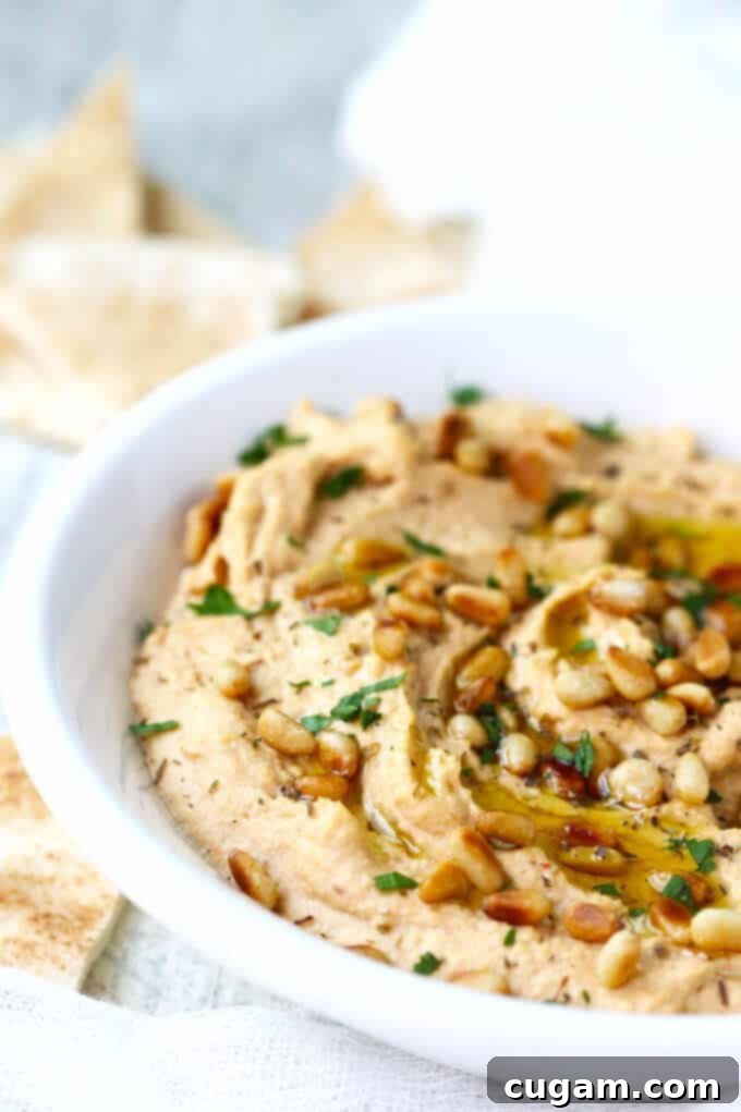Close-up of a bowl of smoky Chipotle Hummus, topped with roasted pine nuts and a drizzle of olive oil, ready to be served.