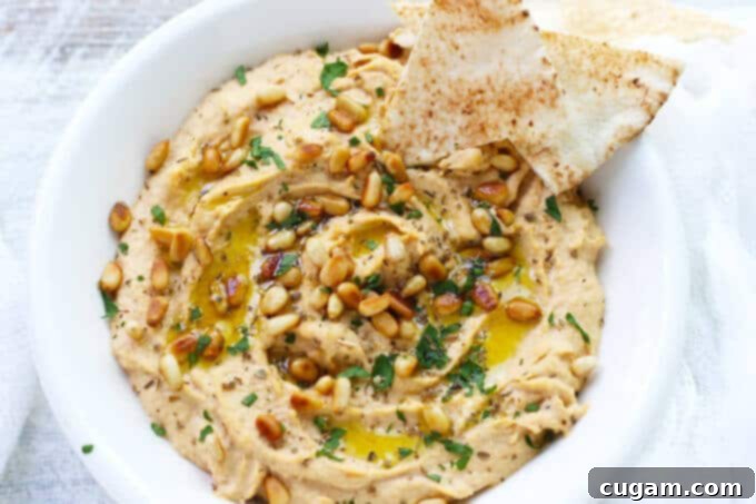 Close-up of a spoon scooping a portion of Chipotle Hummus, showing its smooth texture and the visible roasted pine nut garnish.