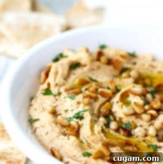 Delicious Chipotle Hummus with Roasted Pine Nuts, a perfect blend of smoky chipotle and crunchy pine nuts.
