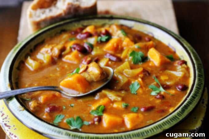Hearty Mediterranean Chicken Stew with tender chicken, sweet potatoes, beans, and olives in a savory broth.