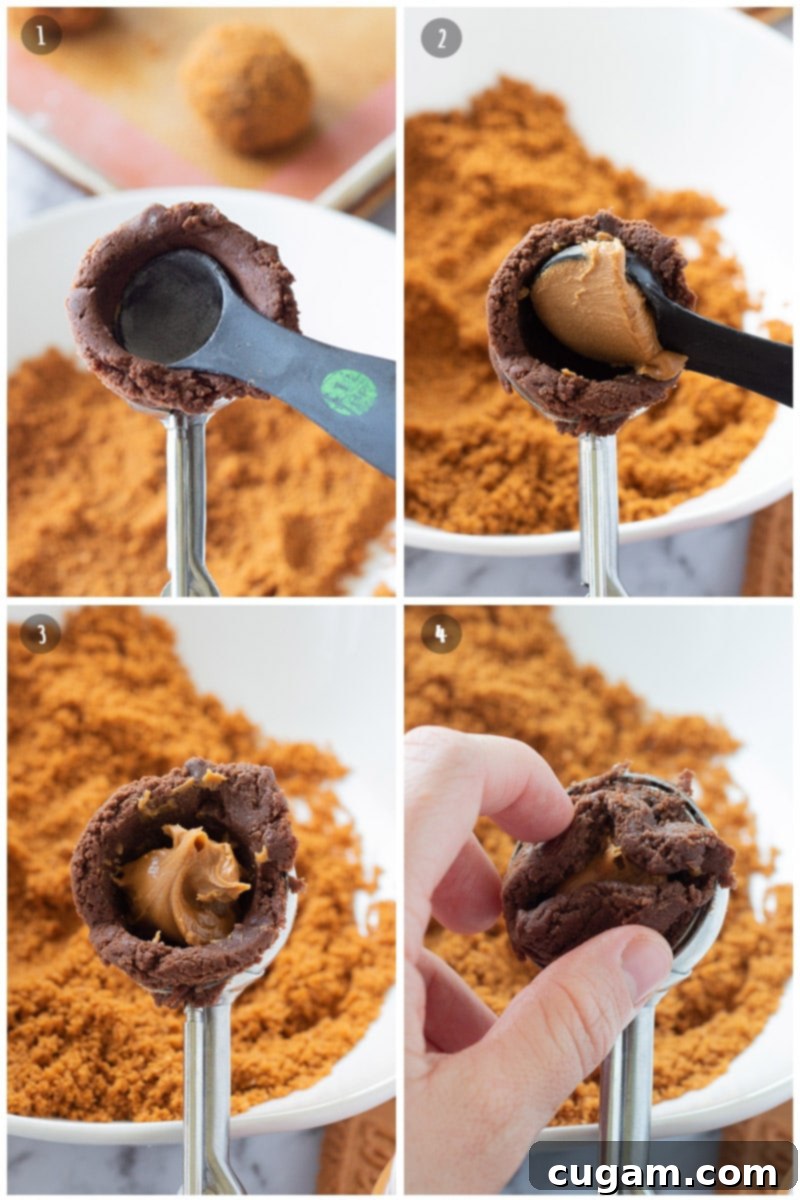 1.5 inch measuring scoop with chocolate cookie dough and cookie butter. 