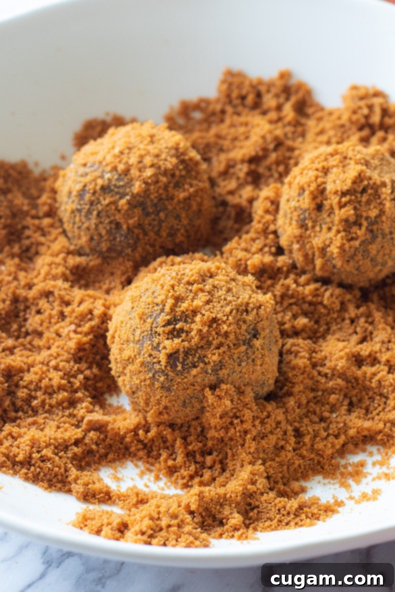 3 balls of raw chocolate cookie butter filled dough in biscoff cookie crumbs.