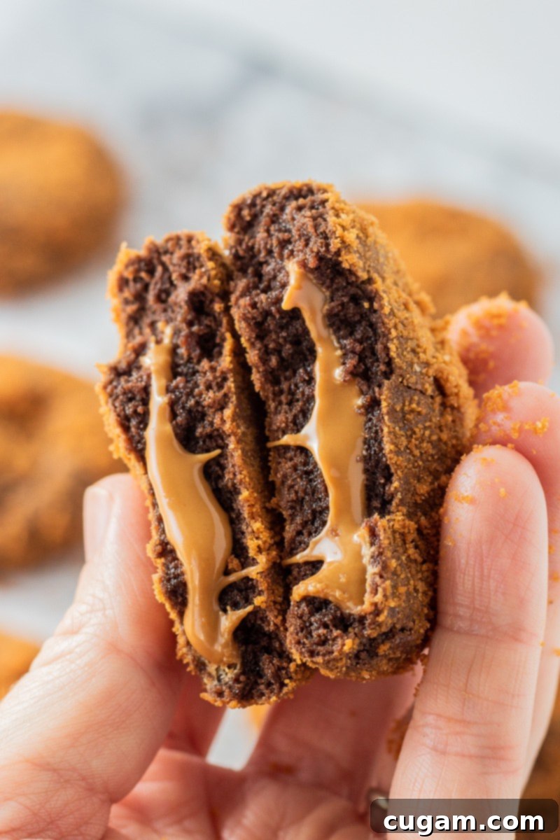 Baked biscoff filled chocolate cookie broken in half. 
