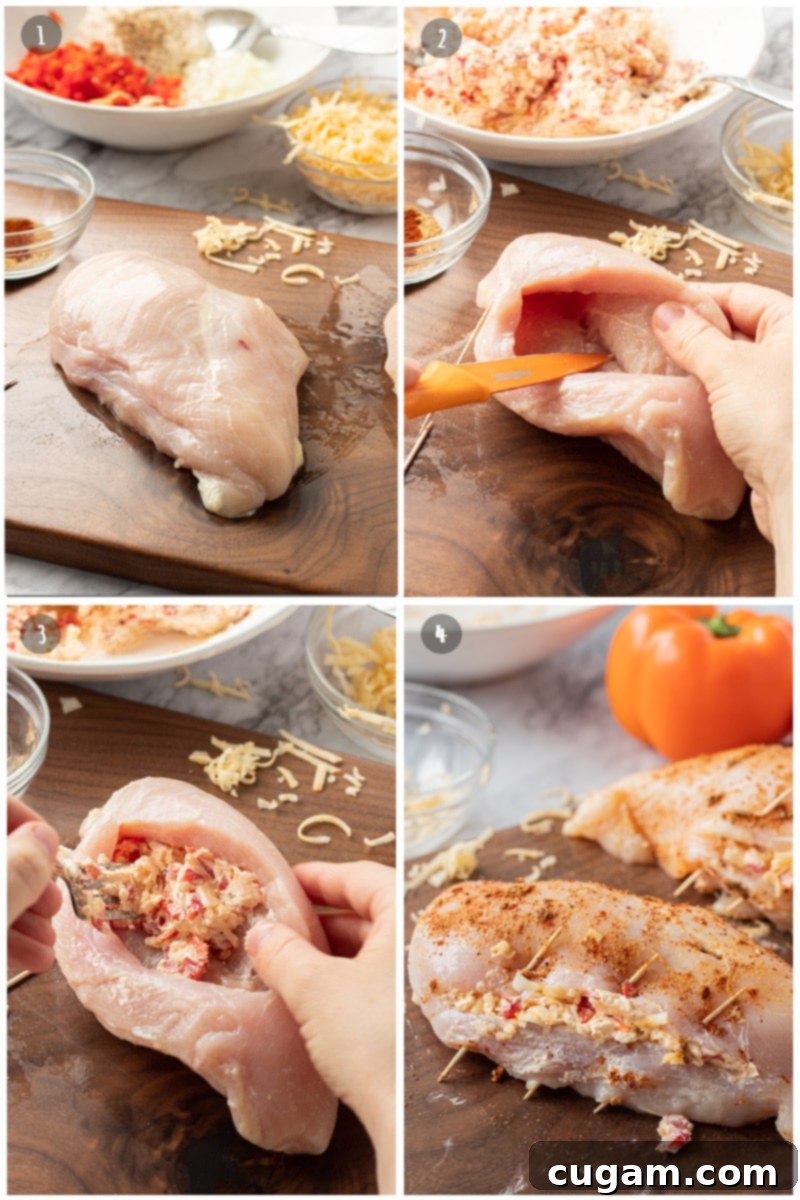 Step-by-step image showing raw chicken breast being sliced, then stuffed with a creamy mixture of cheese, bell peppers, and cream cheese.
