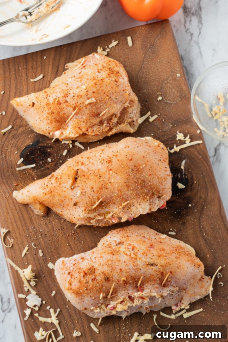 Three raw pepperjack stuffed chicken breasts, sealed with toothpicks, resting on a wooden cutting board, ready for searing.
