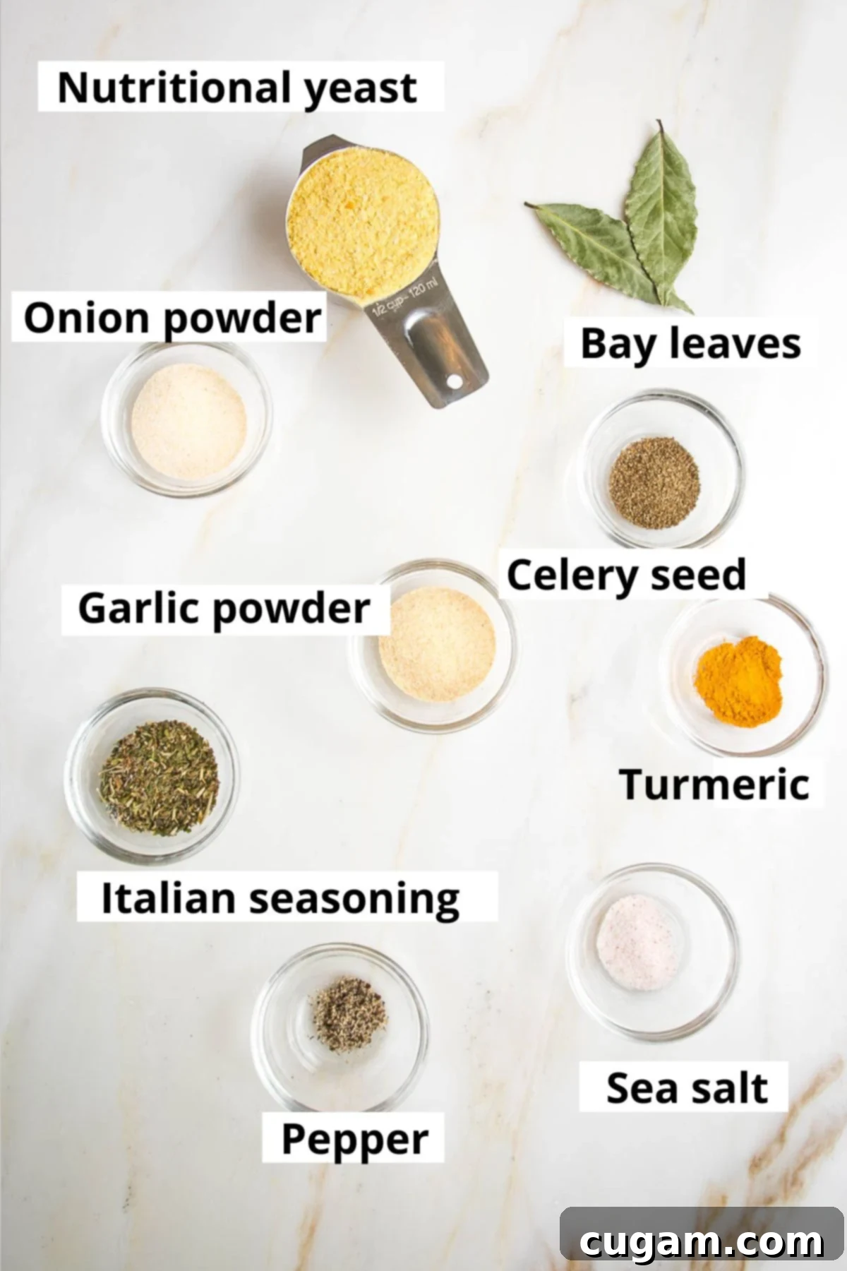 Labeled ingredients: nutritional yeast, bay leaves, onion powder, garlic powder, celery seed, turmeric, italian seasoning, black pepper, sea salt.