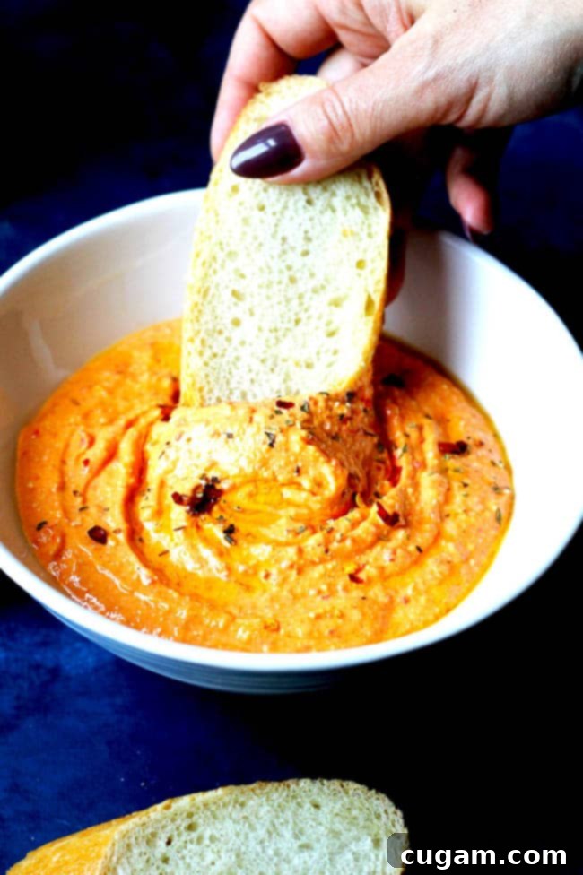A close-up shot of a piece of crusty baguette being dipped into a bowl of creamy Greek Spicy Feta Dip (Tirokafteri), highlighting its perfect consistency and inviting texture.