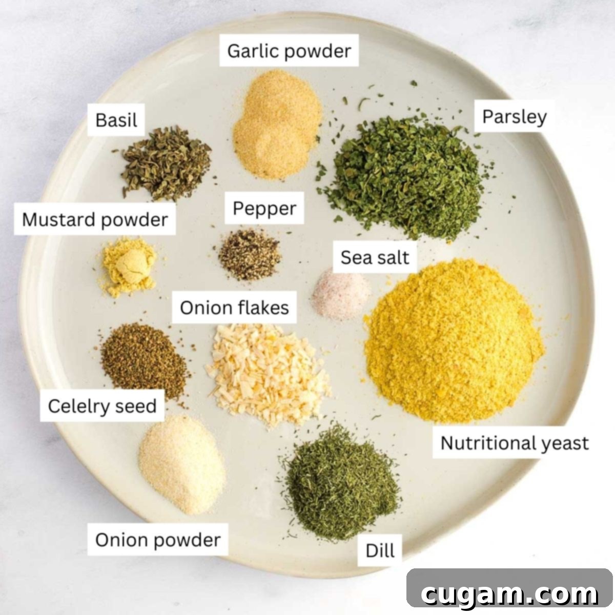 Labeled ingredients: nutritional yeast, garlic powder, basil, parsley, mustard, pepper, onion powder, onion flakes, celery seed, dill, beautifully arranged before mixing.