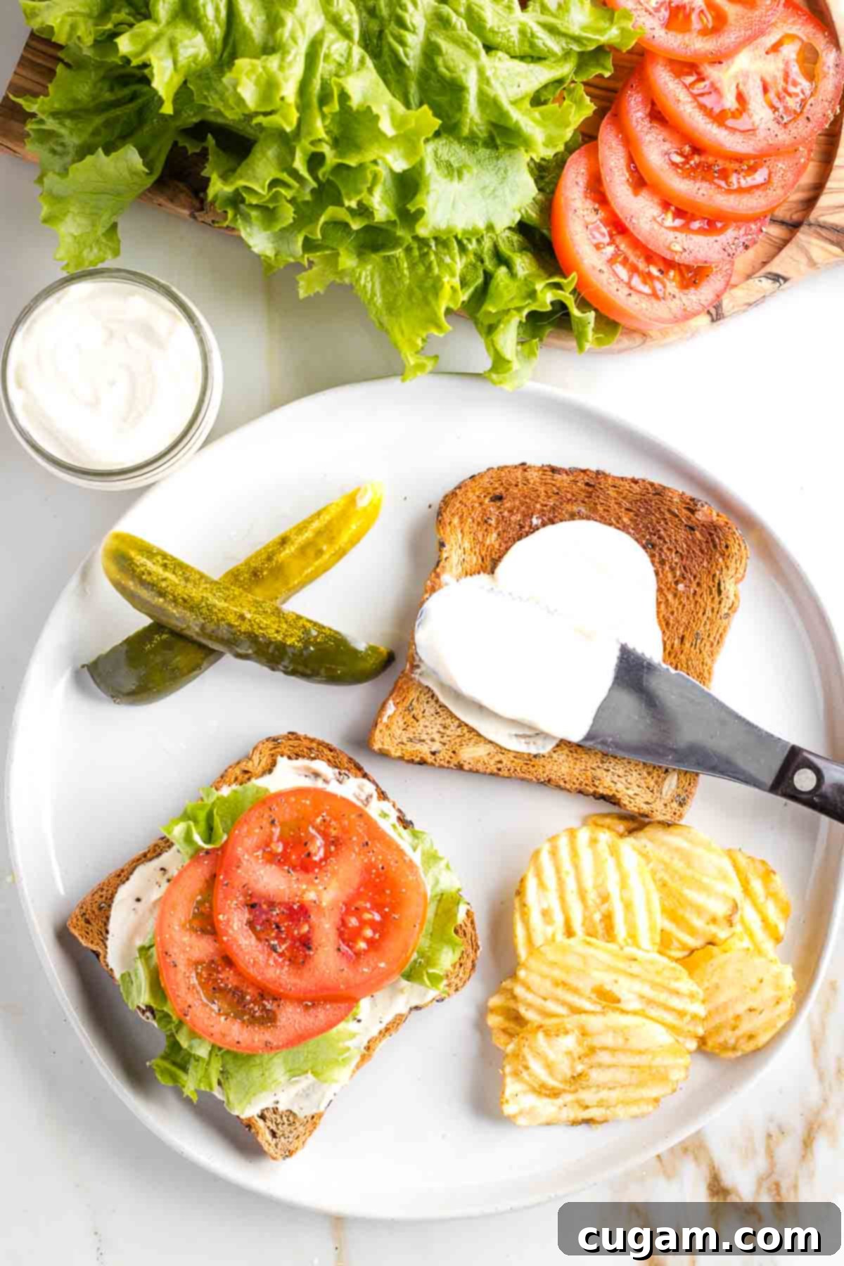 Toasted bread with mayonnaise, lettuce and tomato, with a side of pickles and chips.