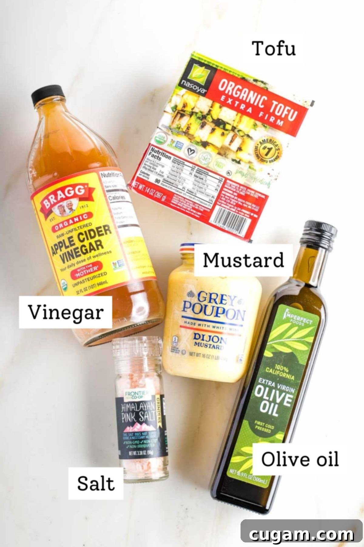 Labeled ingredients: tofu, vinegar, salt, mustard and olive oil in their original packages.