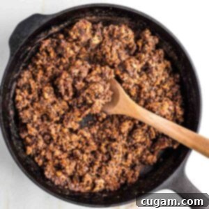 Cast iron skillet with vegan ground beef.