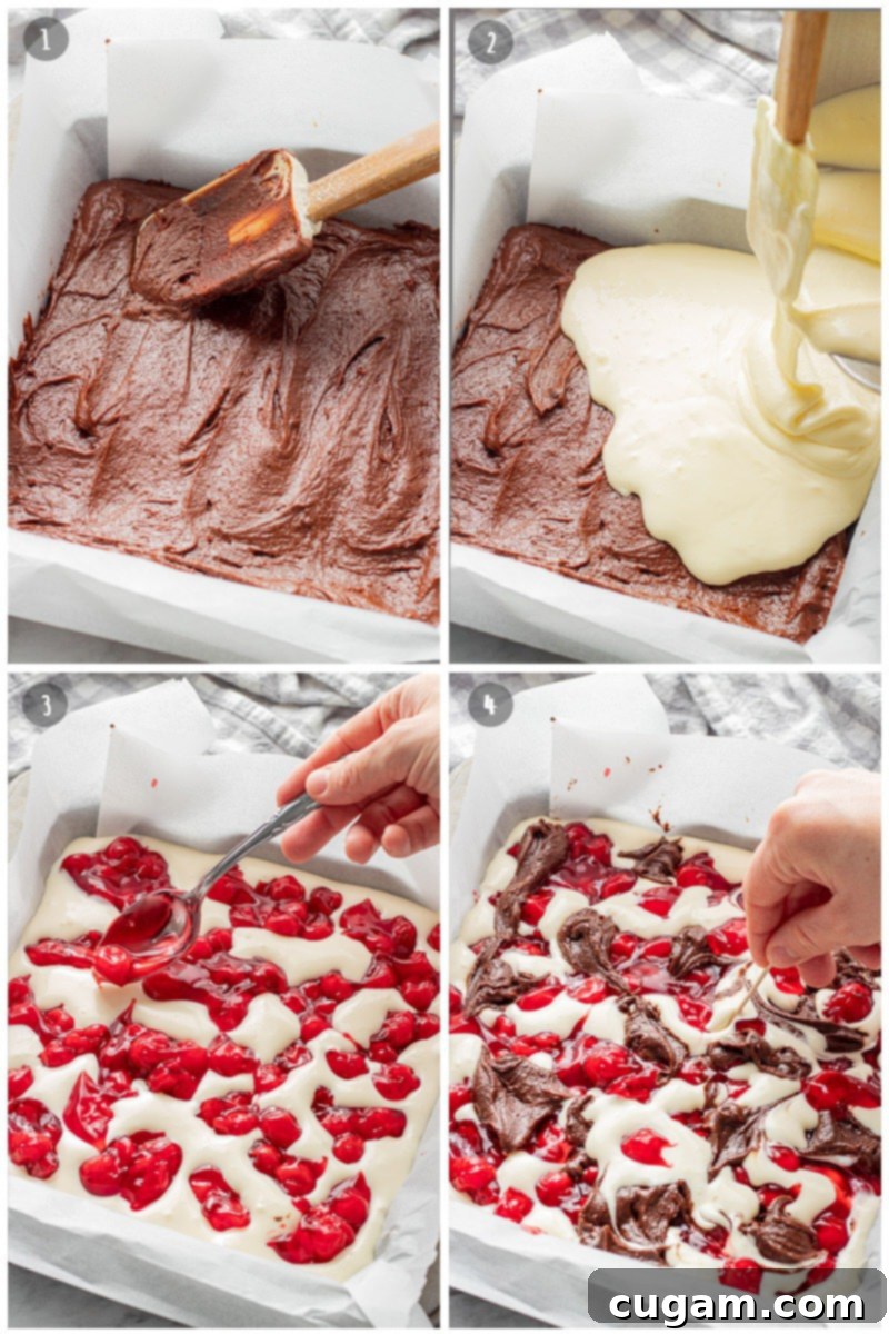 Step-by-step collage showing spreading raw brownie batter, pouring cheesecake filling, spooning cherry pie filling, and swirling cherry pie filling with a toothpick in a baking pan.