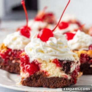 Slice of baked Cherry cheesecake brownie on white plate with whipped cream.