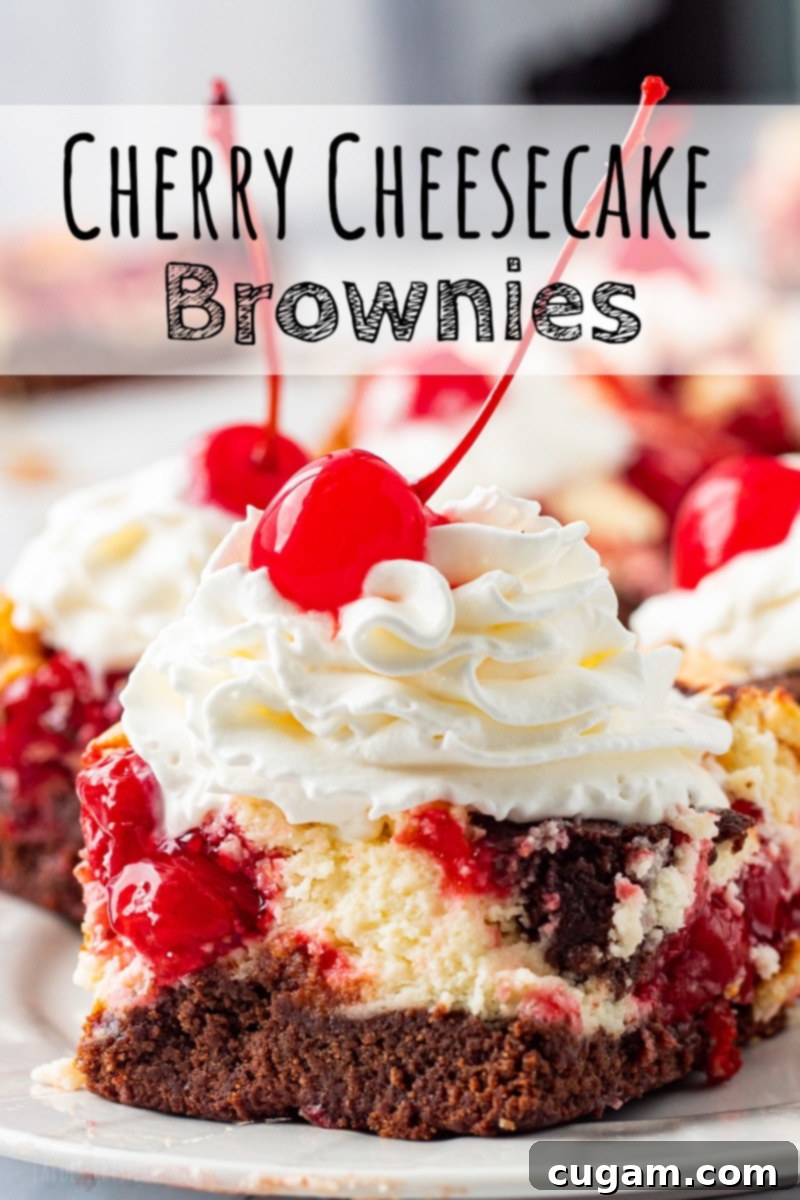 Cherry Cheesecake Brownies recipe feature image with a slice on a plate with whipped cream and cherries.
