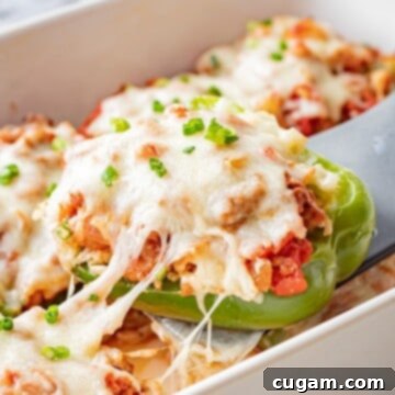 Savory Ground Beef and Rice Stuffed Peppers 7 Baked ground beef stuffed pepper with melted cheese over white pan, a hearty and healthy dinner.