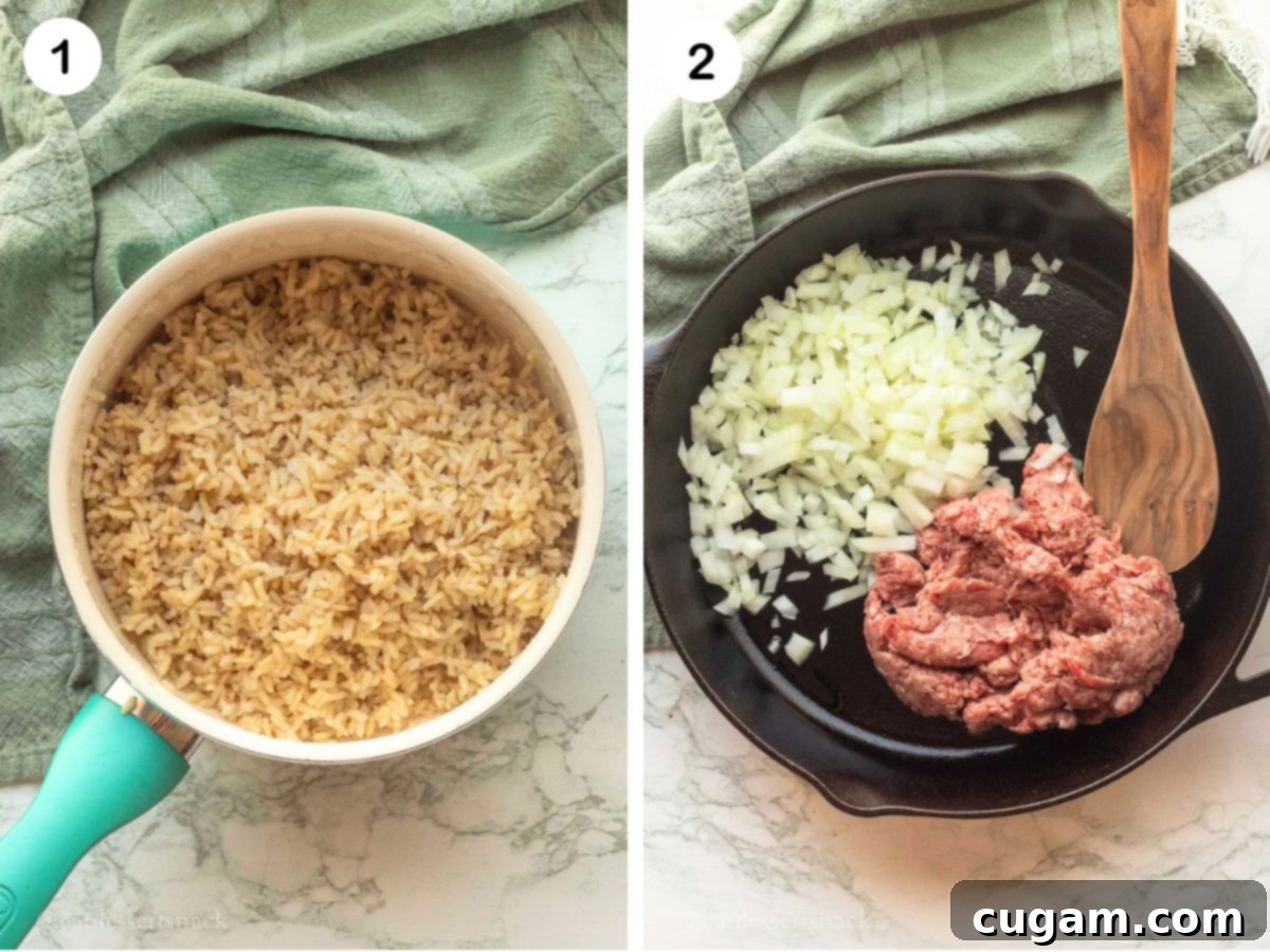 Savory Ground Beef and Rice Stuffed Peppers 3 Cooked brown rice in white pot, and raw onions and ground beef in black skillet with wooden spoon, showing initial prep steps.