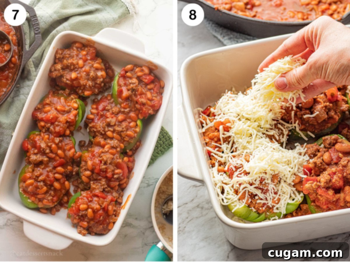 Savory Ground Beef and Rice Stuffed Peppers 6 Green pepper halves generously filled with ground beef mixture, and a hand sprinkling more cheese on top of the peppers.