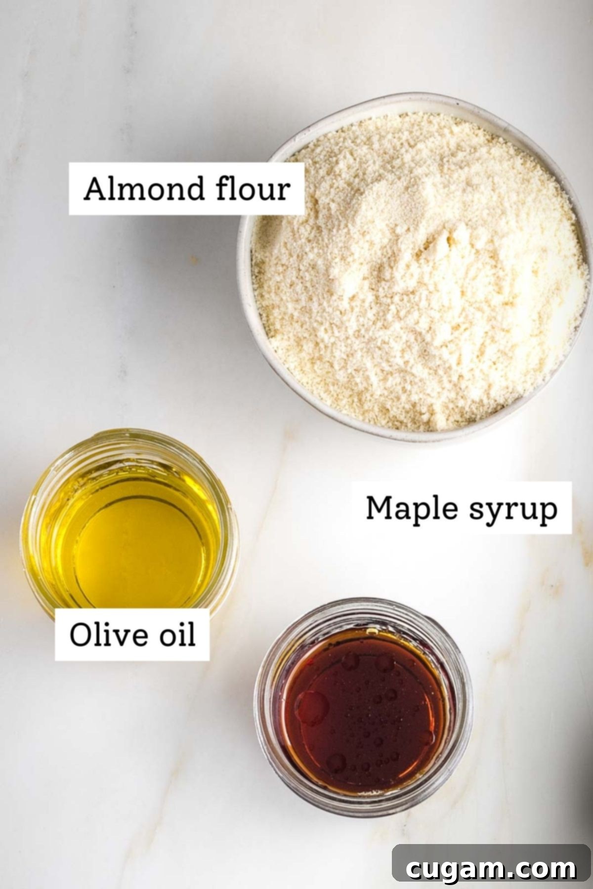 Labeled ingredients: almond flour, maple syrup and olive oil.