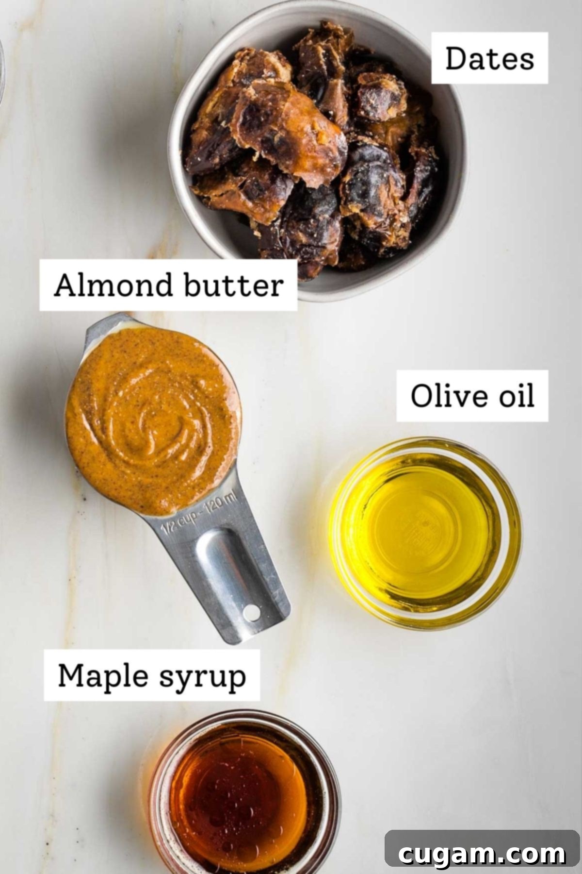 Labeled ingredients: dates, almond butter, olive oil, maple syrup.