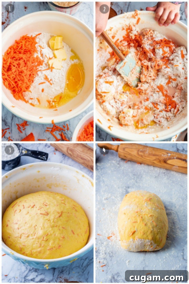 Process of making carrot cake cinnamon rolls dough: carrots, butter eggs flour in a blue bowl, mixing raw dough, dough resting on a marble surface with rolling pin.