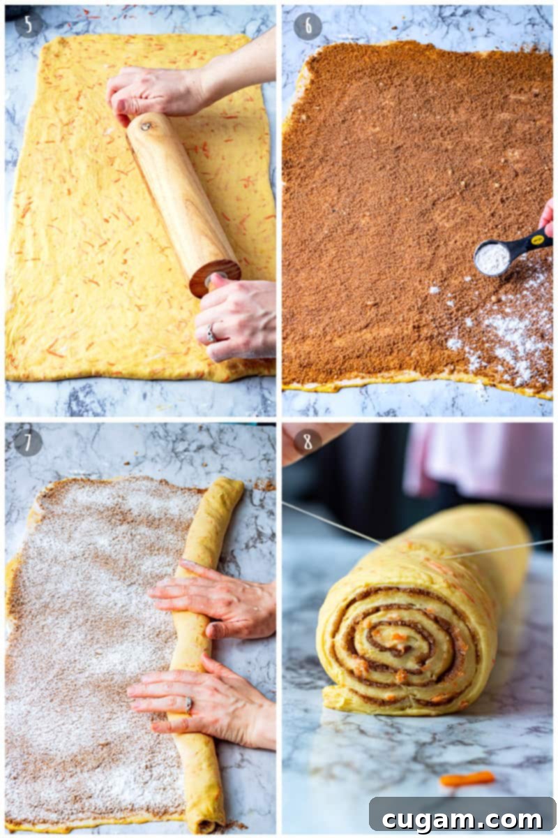 Process of making carrot cake cinnamon rolls: rolling dough on marble with rolling pin, brown sugar and flour on dough, rolling dough into roll, slicing rolls with string.