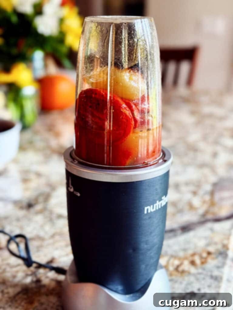 Roasted tomatoes, onions, and garlic being added to a blender with broth.