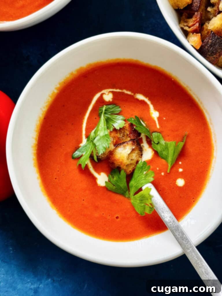 Close-up picture of a bowl of rich, creamy oven-roasted tomato soup, highlighting its smooth texture and vibrant color.