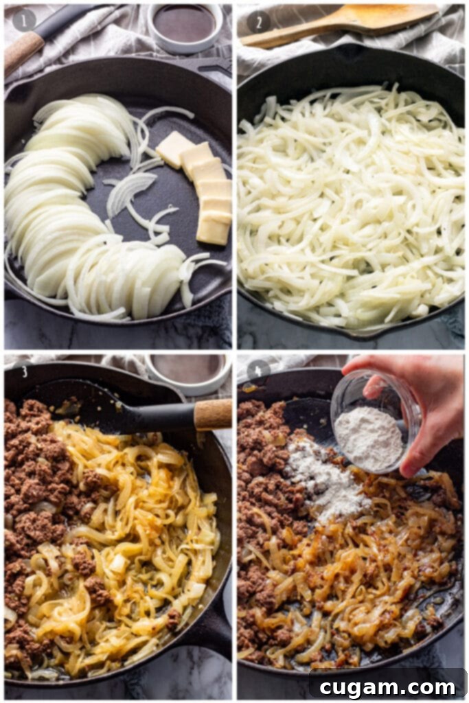 A visual collage showing the stages of preparing French Onion Ground Beef Sliders: raw onions and butter in a cast iron pan, ground beef being added, and flour mixed in. 