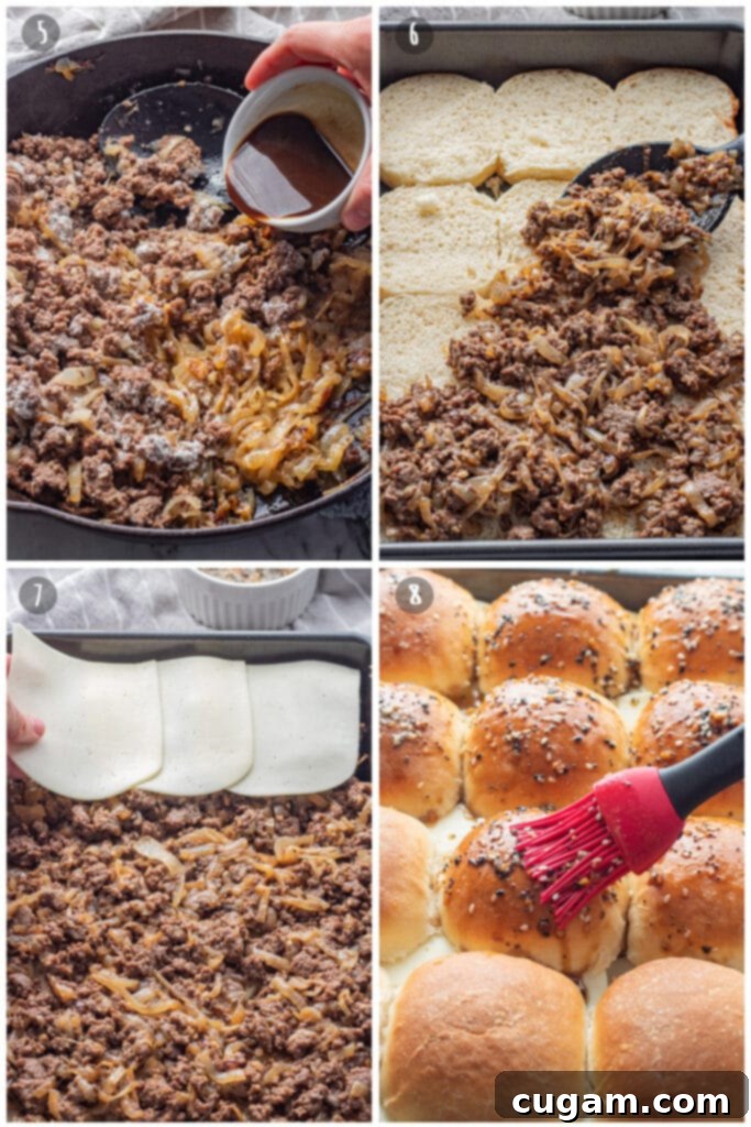 A visual sequence of French Onion Ground Beef Slider preparation: ground beef and caramelized onions simmering in a cast iron pan, adding Worcestershire sauce, spreading the filling on dinner rolls, topping with white cheese, and brushing the tops with glaze. 