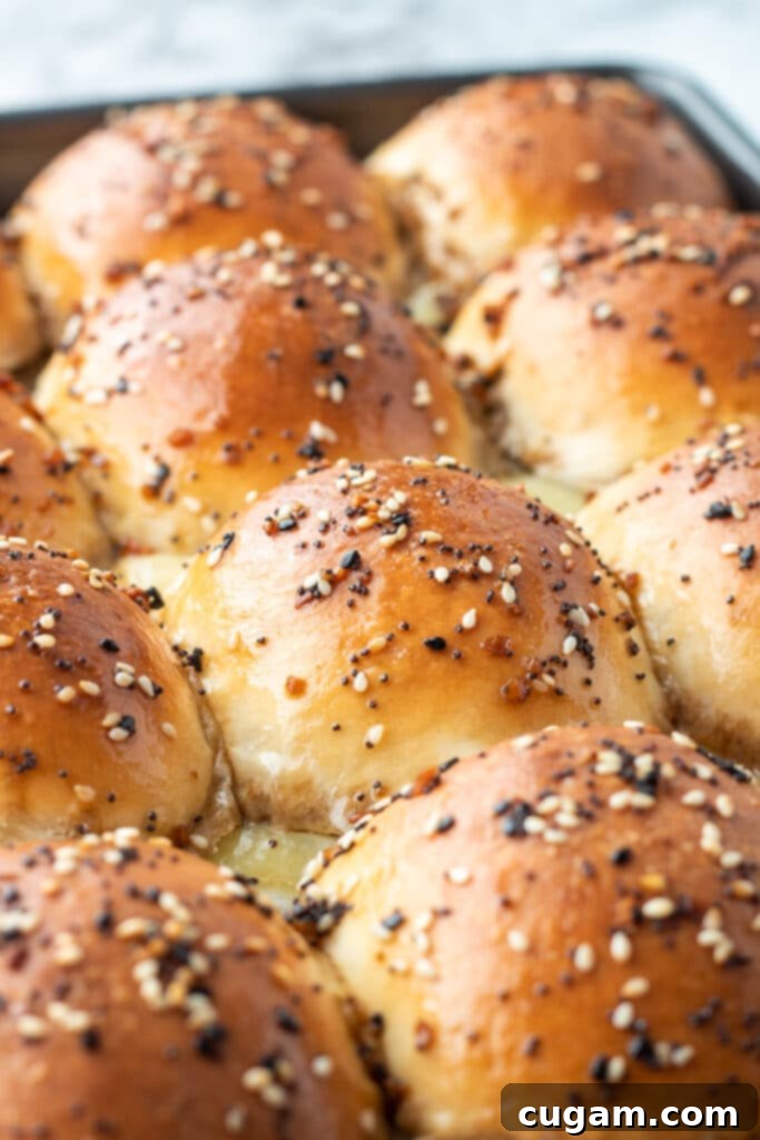 Baked French Onion Ground Beef Sliders in a dark pan, showing the golden-brown tops sprinkled with poppy and sesame seeds, with the melted cheese and filling visible on a cut roll. 