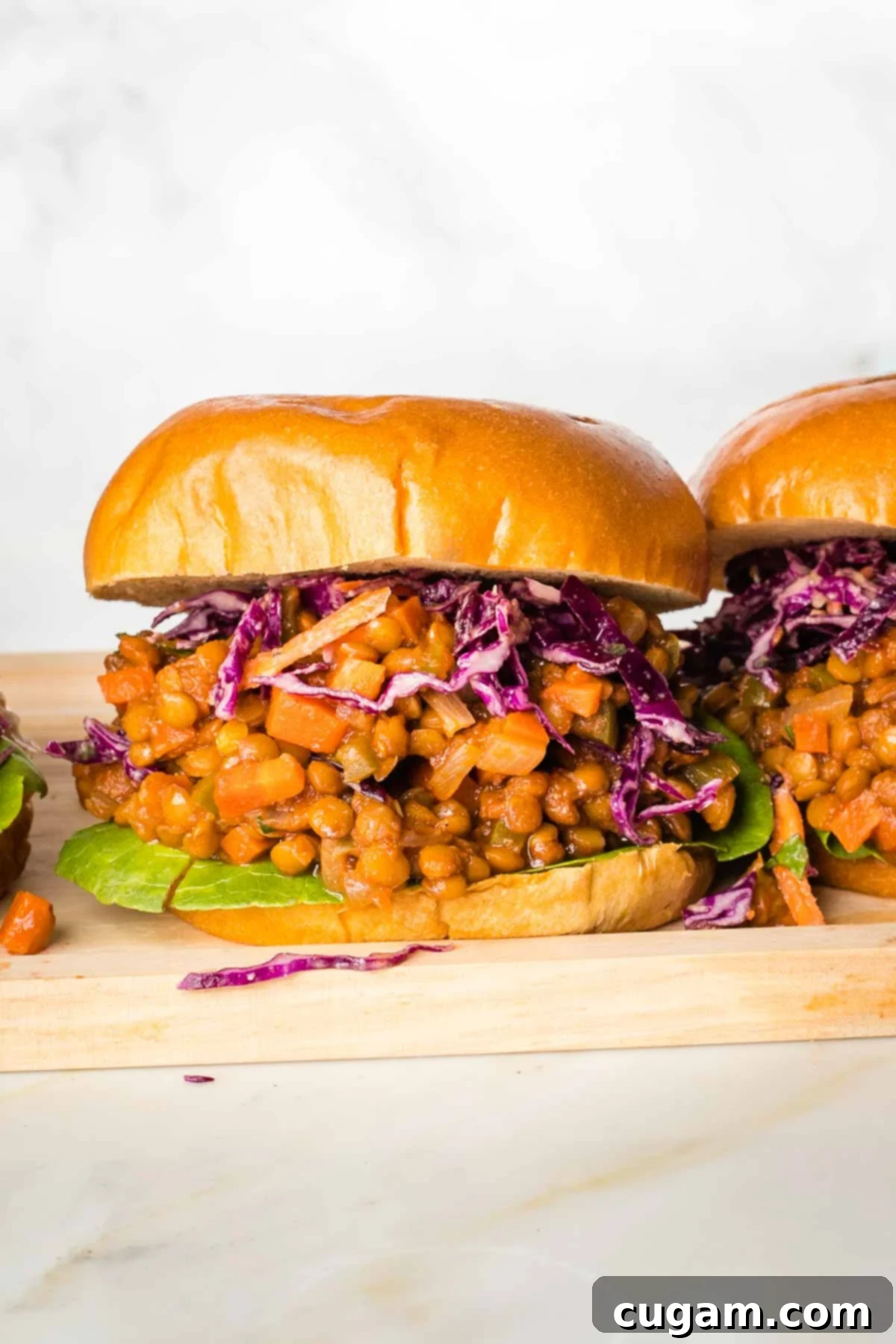 Head on shot of a vegan sloppy joe sandwich with tomato sauce, purple cabbage and a piece of green lettuce.