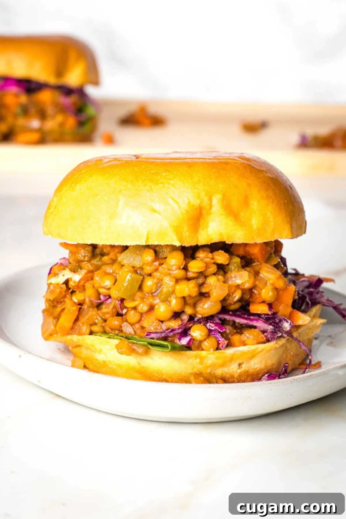 A vegan sloppy joe sandwich on a toasted bun with fresh toppings.