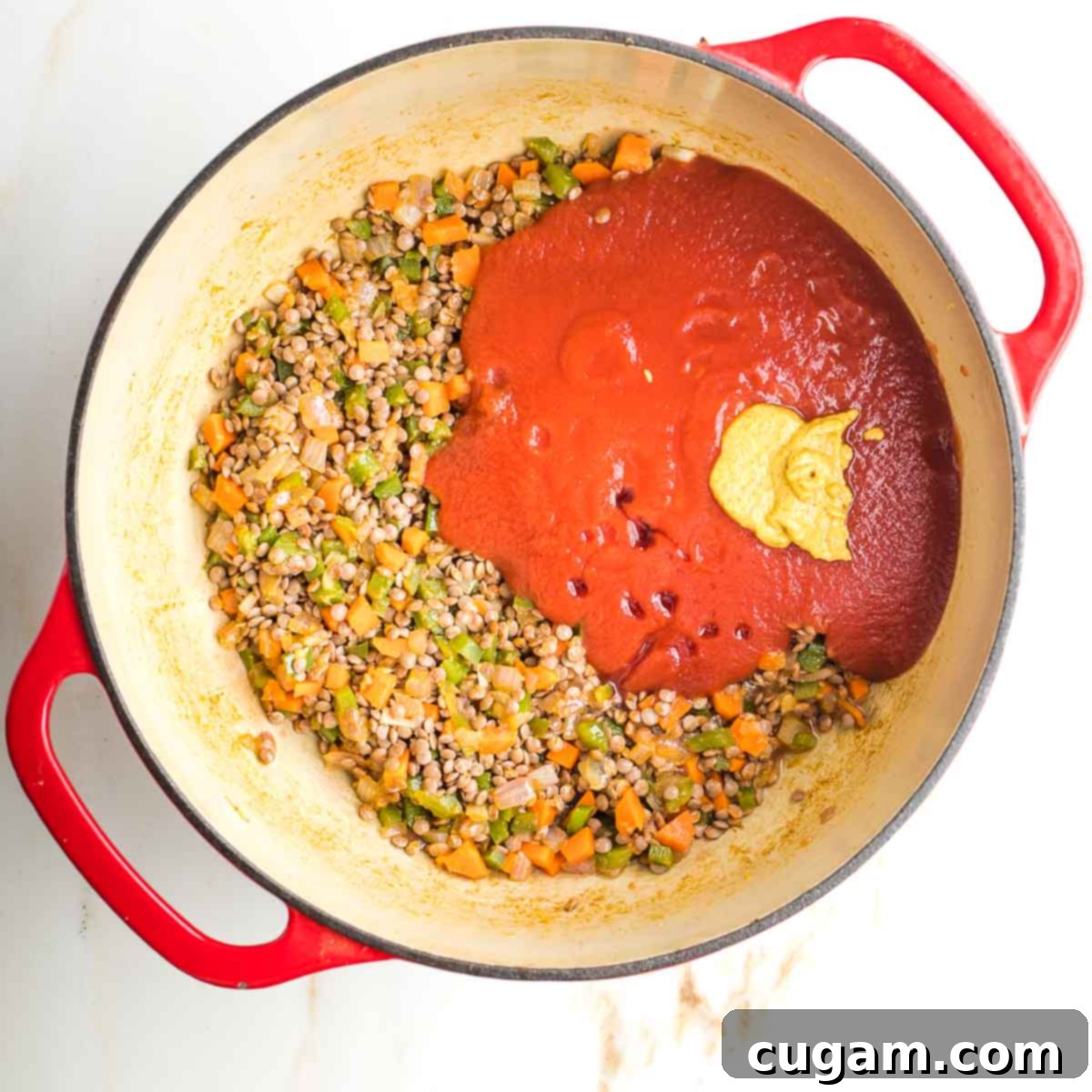 Lentils and sauteed veggies with tomato sauce, mustard and maple syrup on top.