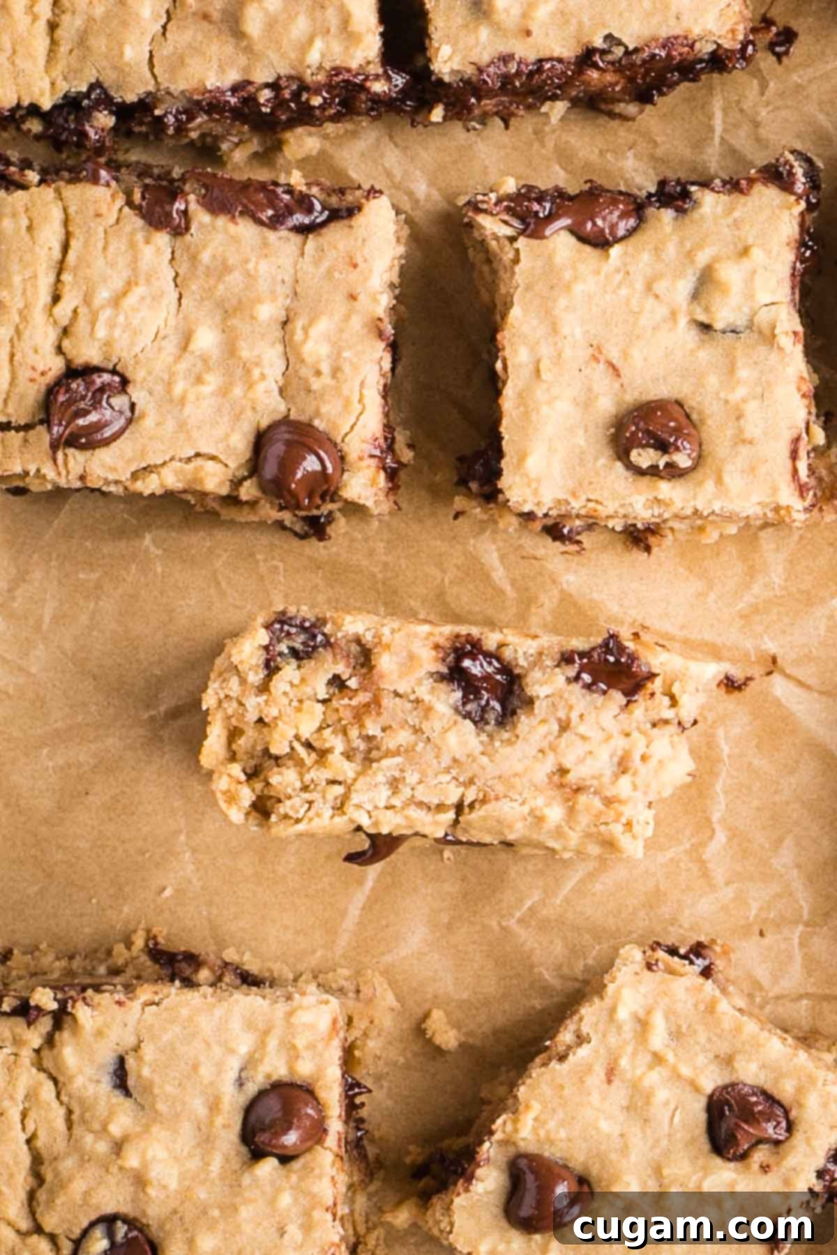 Squares of chocolate chip blondies, one turned on its side. 