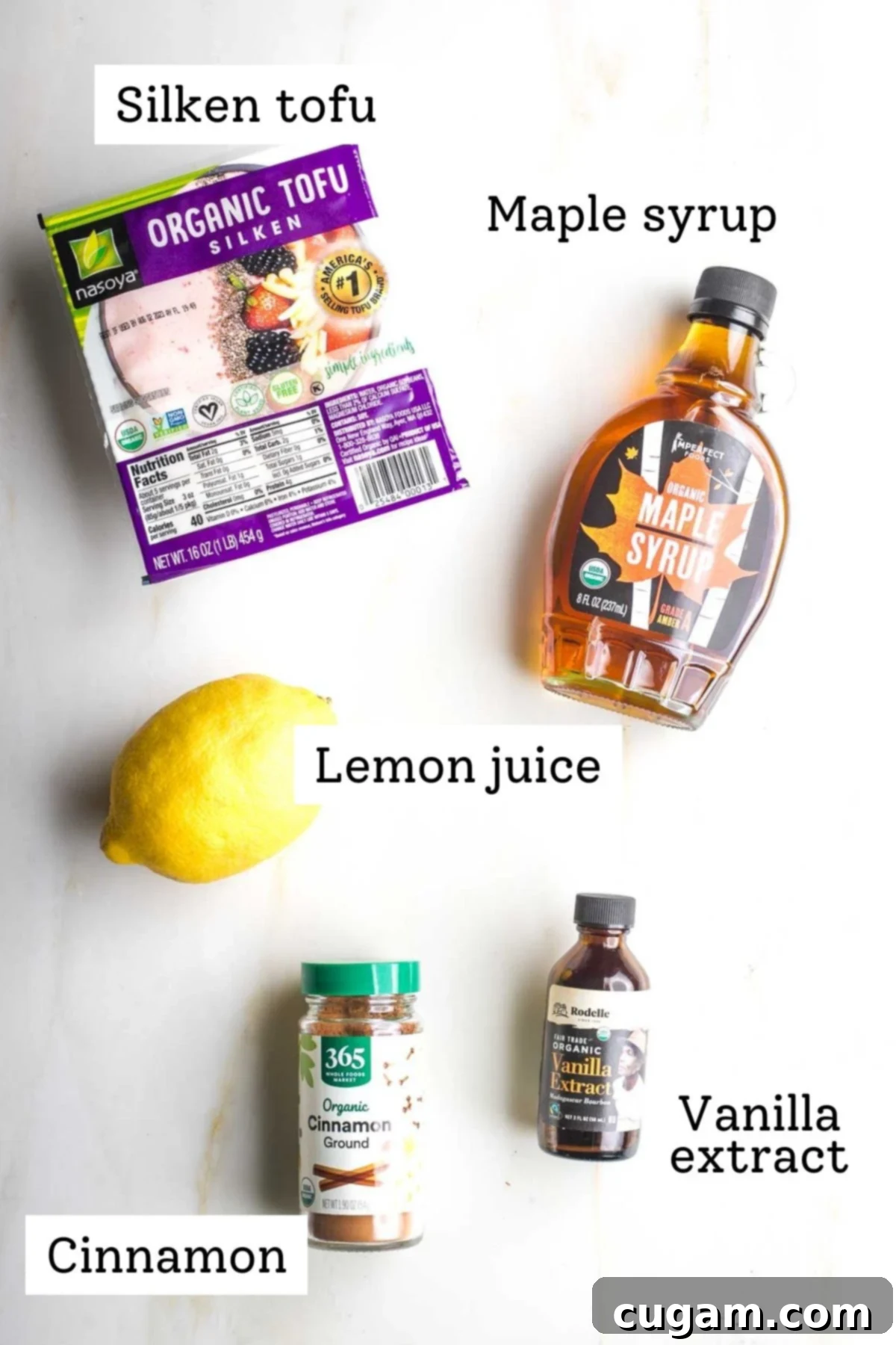 Labeled ingredients: silken tofu, maple syrup, lemon, cinnamon and vanilla extract.