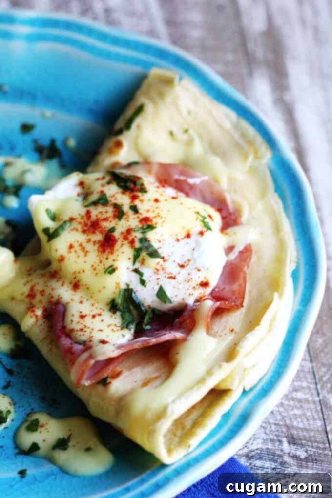 Another view of the delicious Crepes Eggs Benedict, ready to be served.