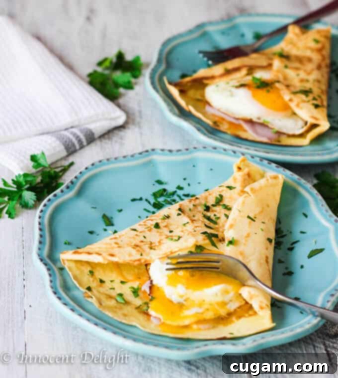 Savory crepes filled with fluffy egg, savory ham, and melted cheese.