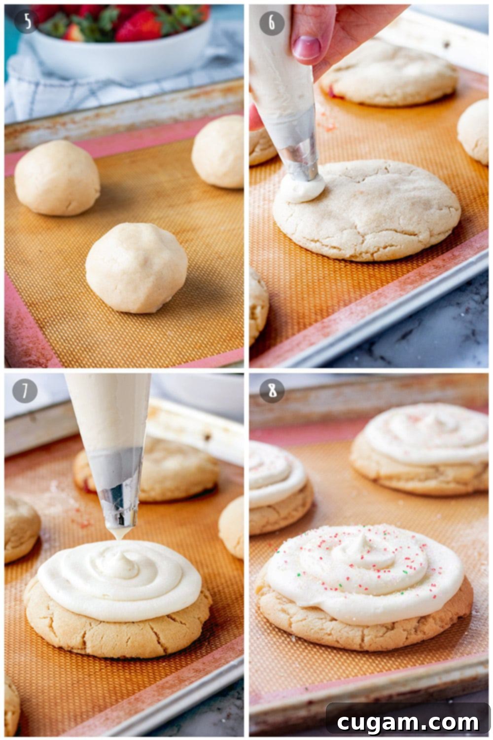 process collage of 3 raw balls on metal pan, baked strawberry pop tart cookies on silicon baking mat, frosting on baked cookie, sprinkles on baked cookie. 