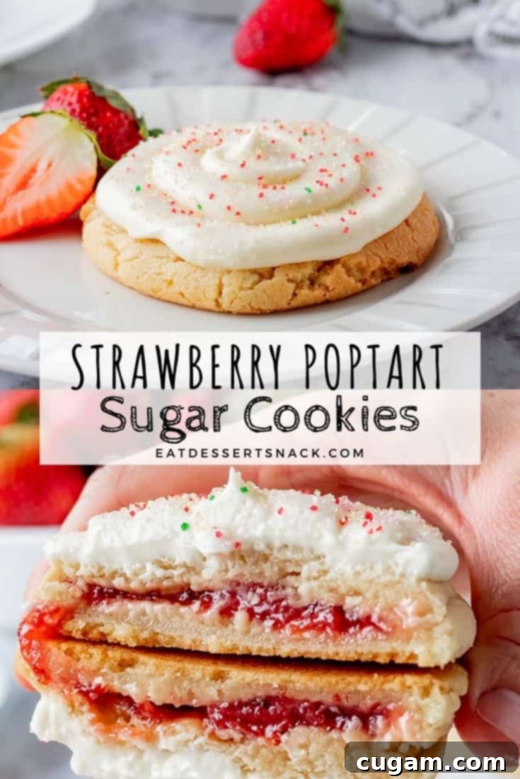 Strawberry pop tart cookies on white plate and hand holding cookie with strawberry jam inside cut in half.