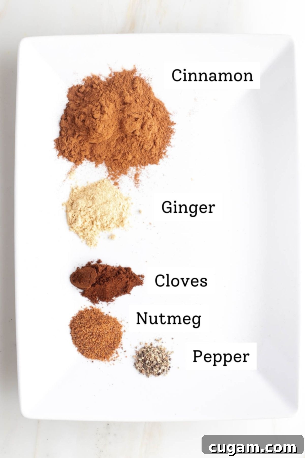 Individual spices for pumpkin pie spice blend: ground cinnamon, ginger, cloves, nutmeg, and black pepper.