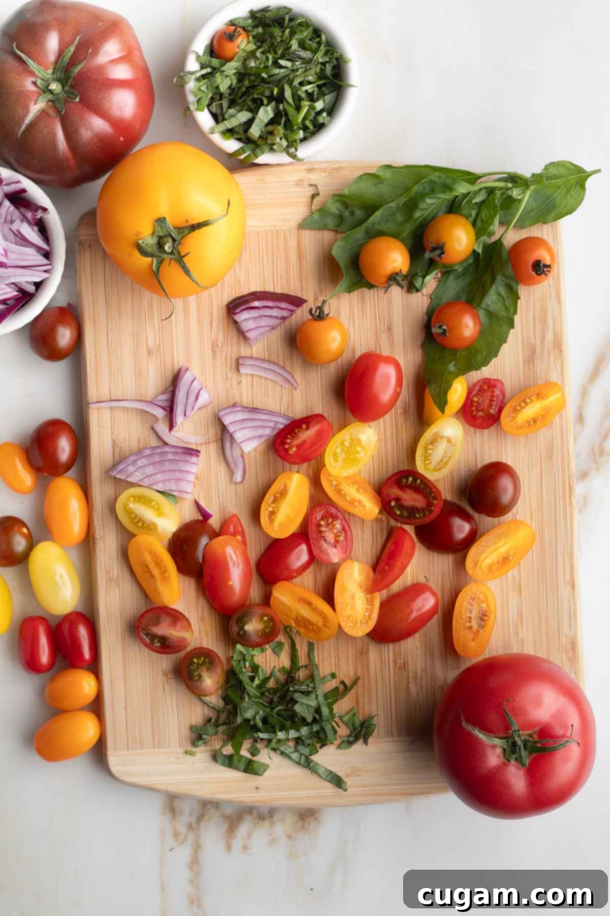 A cutting board displays an assortment of colorful chopped tomatoes, thinly sliced red onions, and strips of fresh basil, all prepped and ready to be combined.