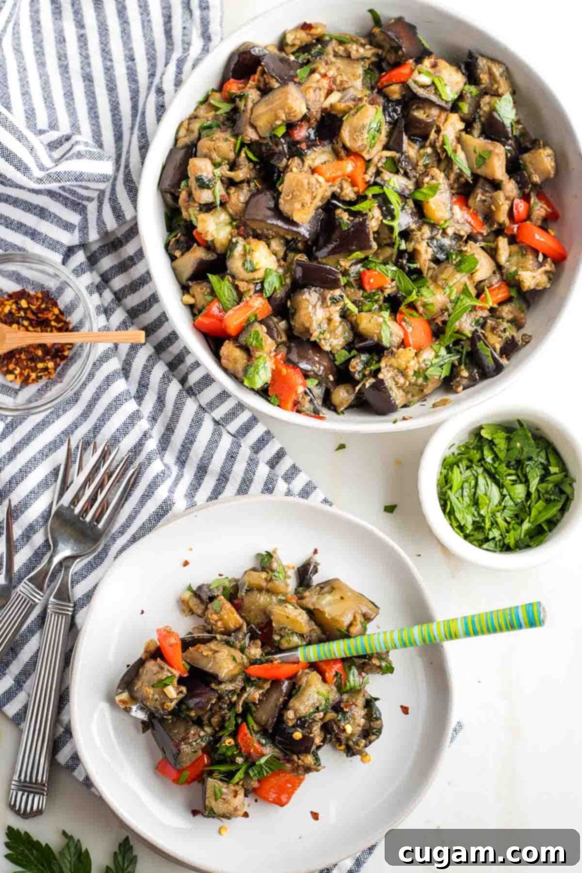 Pan-Fried Eggplant Salad 2 Big bowl of eggplant salad with colorful red peppers and fresh parsley and a small plate of same, showcasing a vibrant and appealing dish.