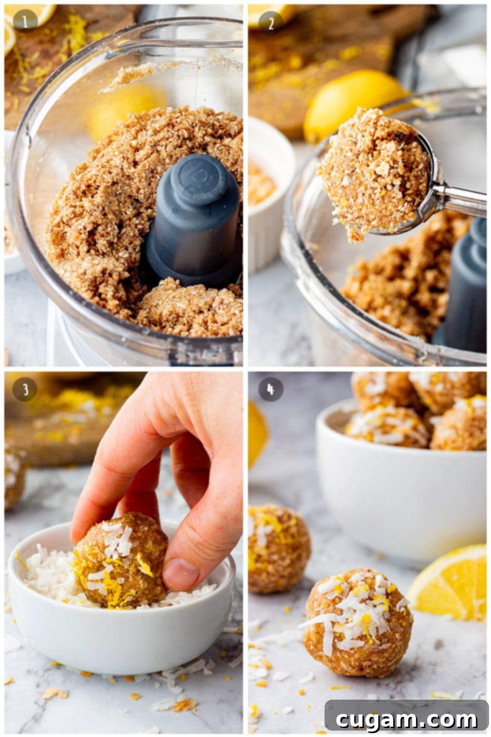blended lemon coconut ball ingredients in clear bowl, scoop of lemon coconut mixture, rolling ball of mixture into coconut flakes, and ball resting on marble countertop with slice of lemon in background. 