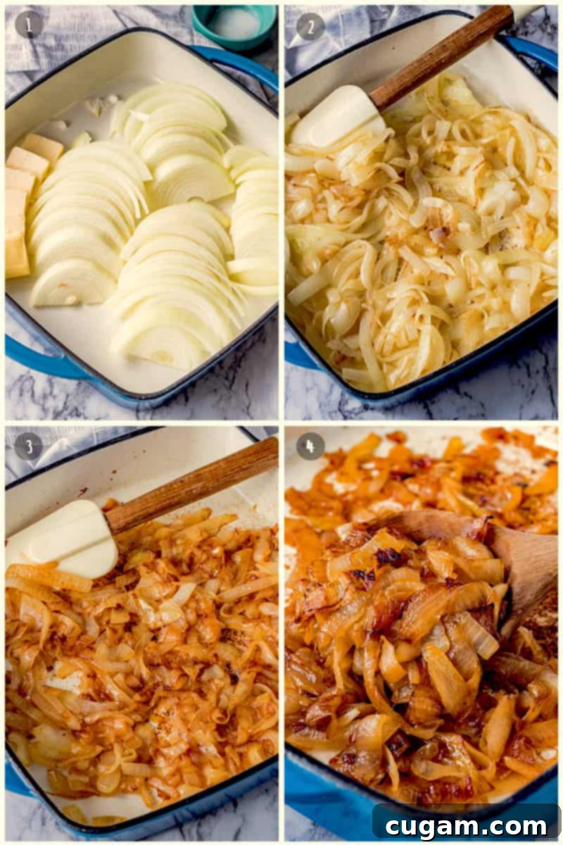 sliced onions and butter in a square blue cast iron pan, varying degrees of caramilzation. 