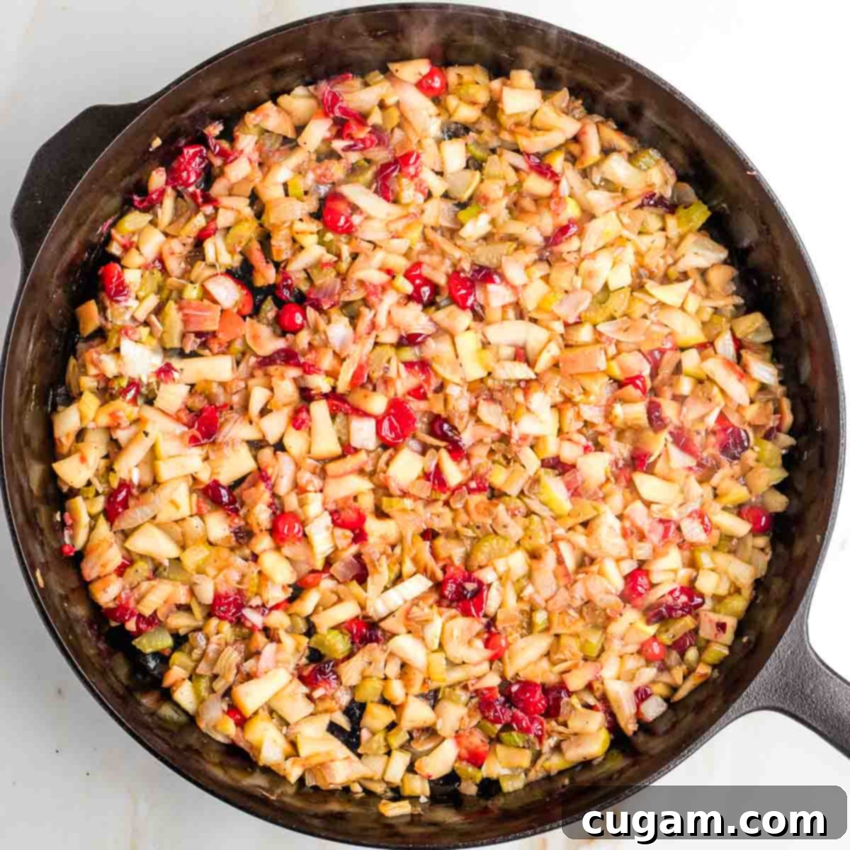 Skillet with sauteed veggies, cranberries and apples.
