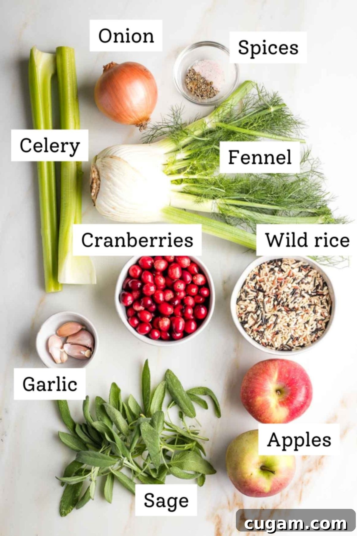 Fresh ingredients for the wild rice stuffing, including vegetables, fruits, and herbs.