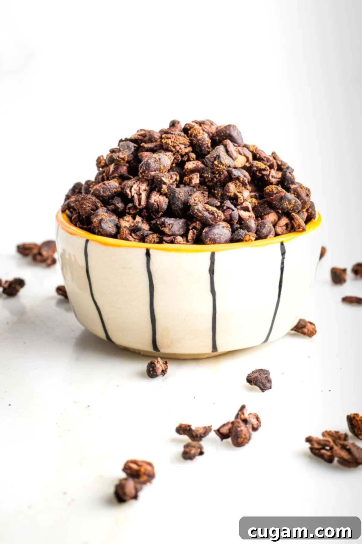 White bowl with black stripes filled with crispy roasted black beans, garnished with fresh herbs.
