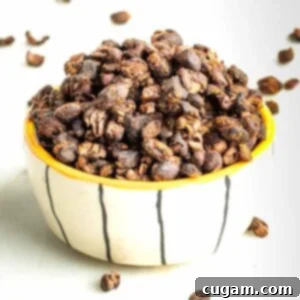 Crispy black beans loaded into a fun bowl.